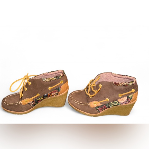 Sperry Hadley Tapestry Leather Wedge Boots Brown Floral Ankle Women's Shoes 7.5 - Picture 6 of 9
